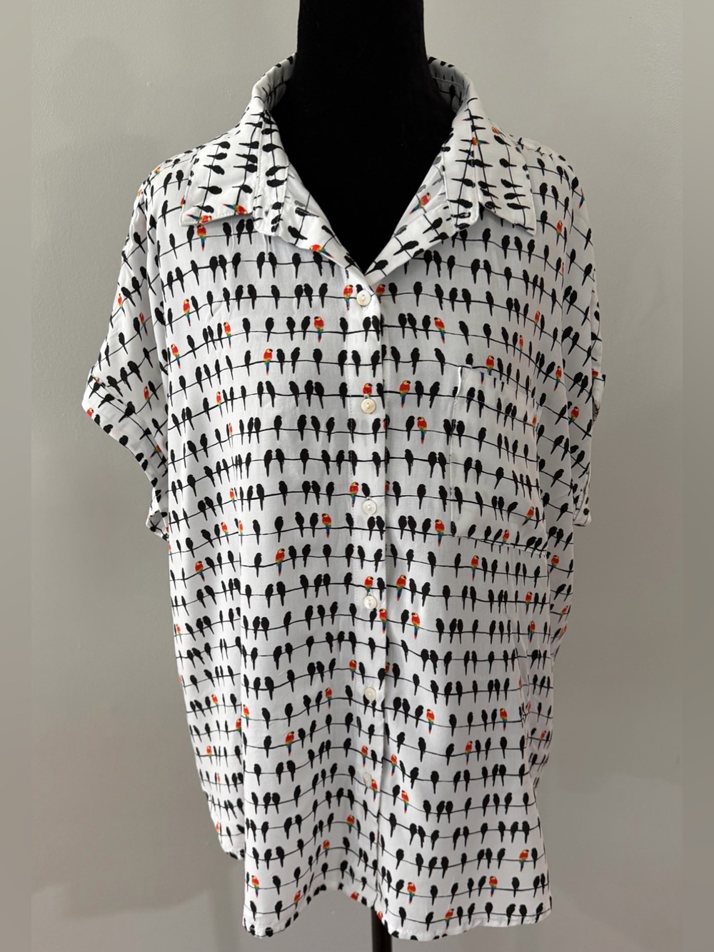 Jane & Delancey White Black Rainbow Birds Women's Shirt Top Blouse Nature Flowy
